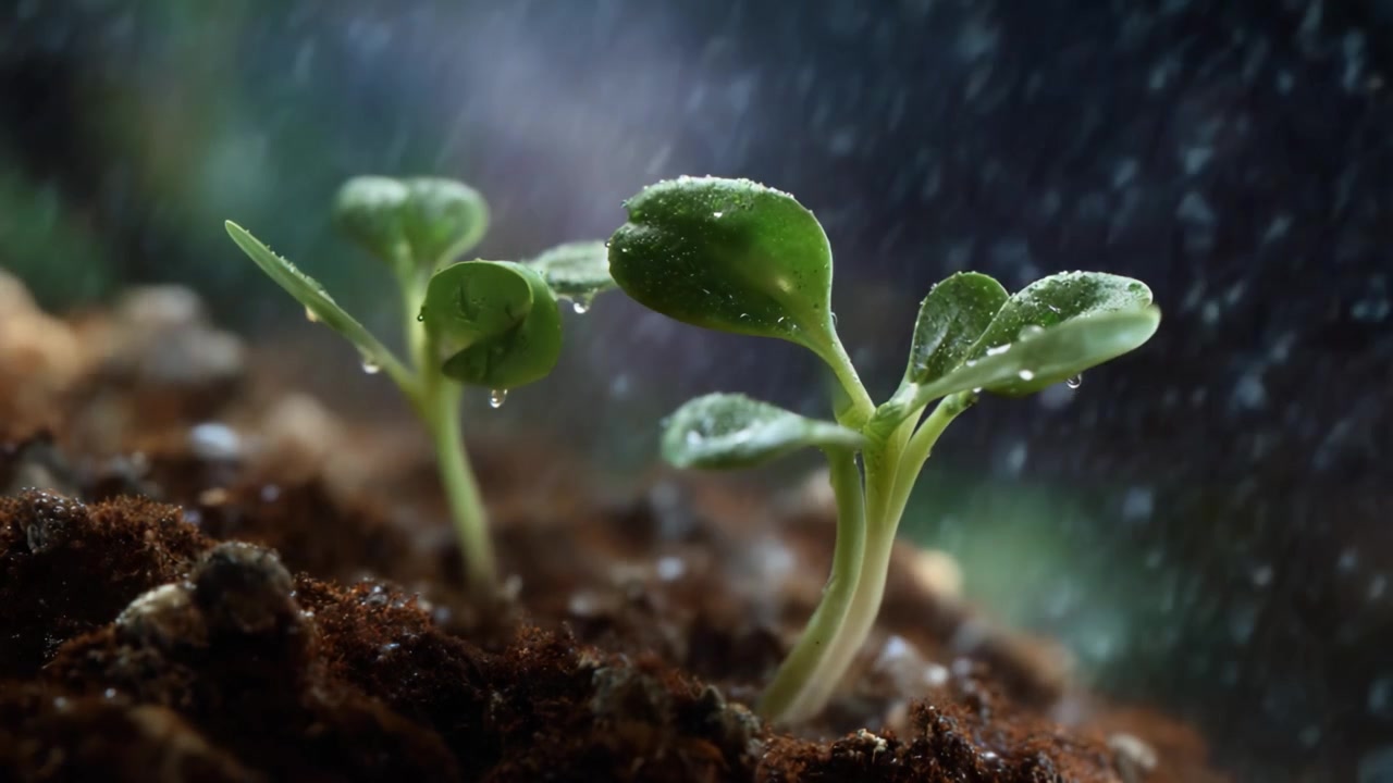 A Jornada do Crescimento: Descobrindo a Resiliência das Plântulas Rodeadas por Solo Húmido e Gotas de Chuva Suaves num Ambiente Natural Florescente.