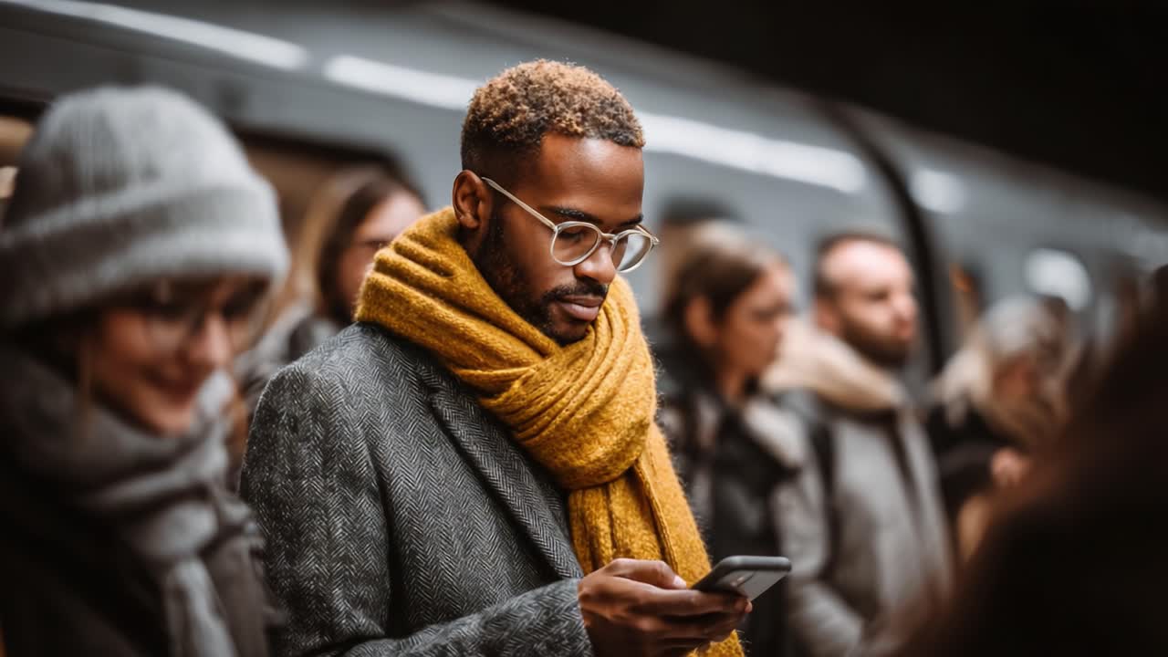 Una moderna scena urbana: un uomo con una sciarpa gialla e gli occhiali, assorto nel suo smartphone mentre aspetta il treno in una stazione della metropolitana affollata