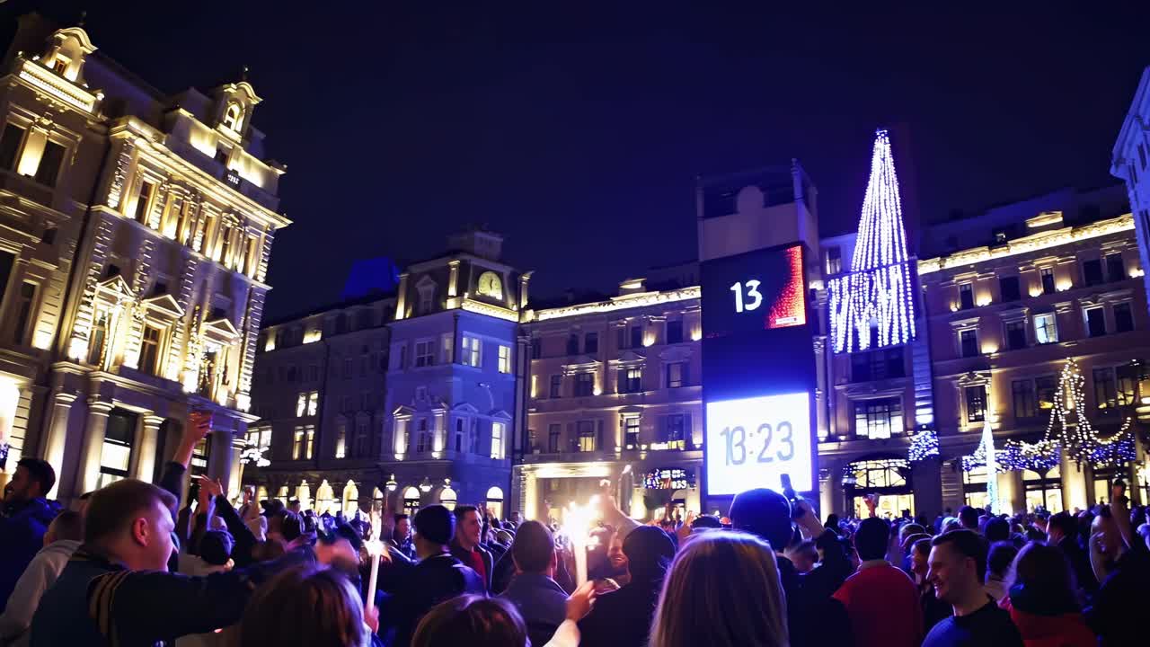 A lively street celebration at night, captured from a low angle. People hold sparklers, with a large
