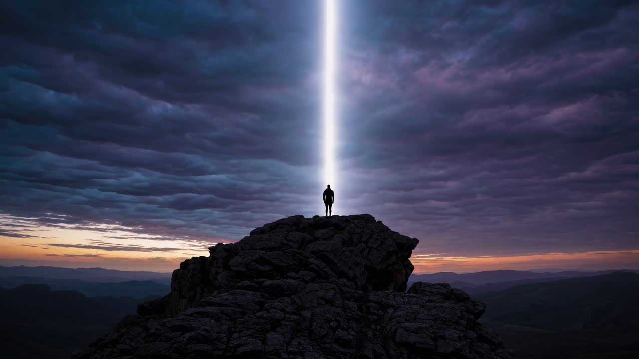 Figura solitaria en la montaña bajo un haz de luz