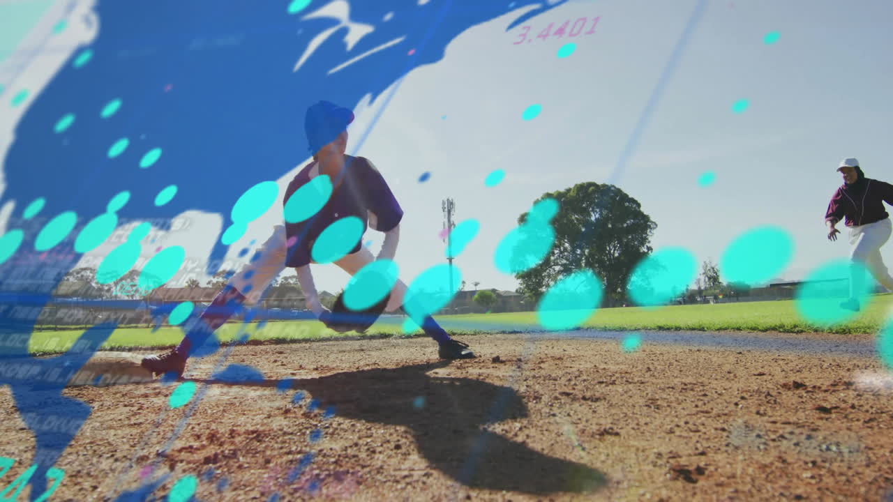 Female infielder sliding on baseball dirt, teammate running nearby, overlaying teal sports graphics