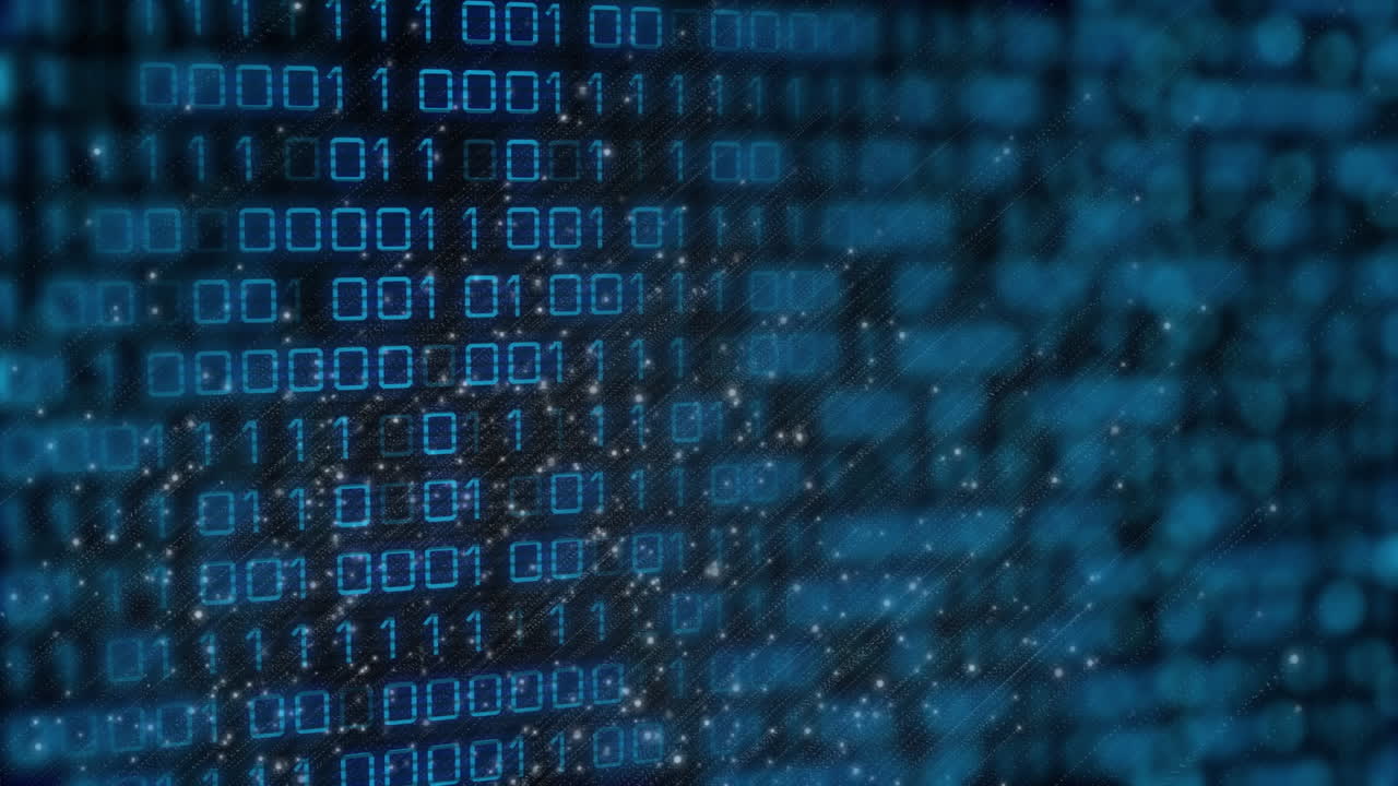 Animation of light spots over data processing on black background