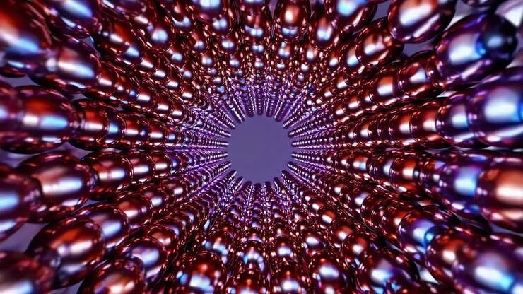 Metallic spheres assembling symmetrically, generating captivating hypnotic tunnel with iridescent color gradients, reflecting dynamic visual patterns through mesmerizing motion