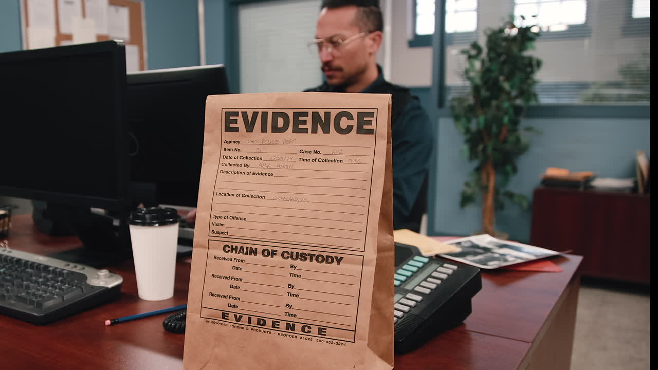 스티브는 증거 가방에서 을 꺼내서 경찰관이 컴퓨터에서 일하는 것을 보여줍니다.