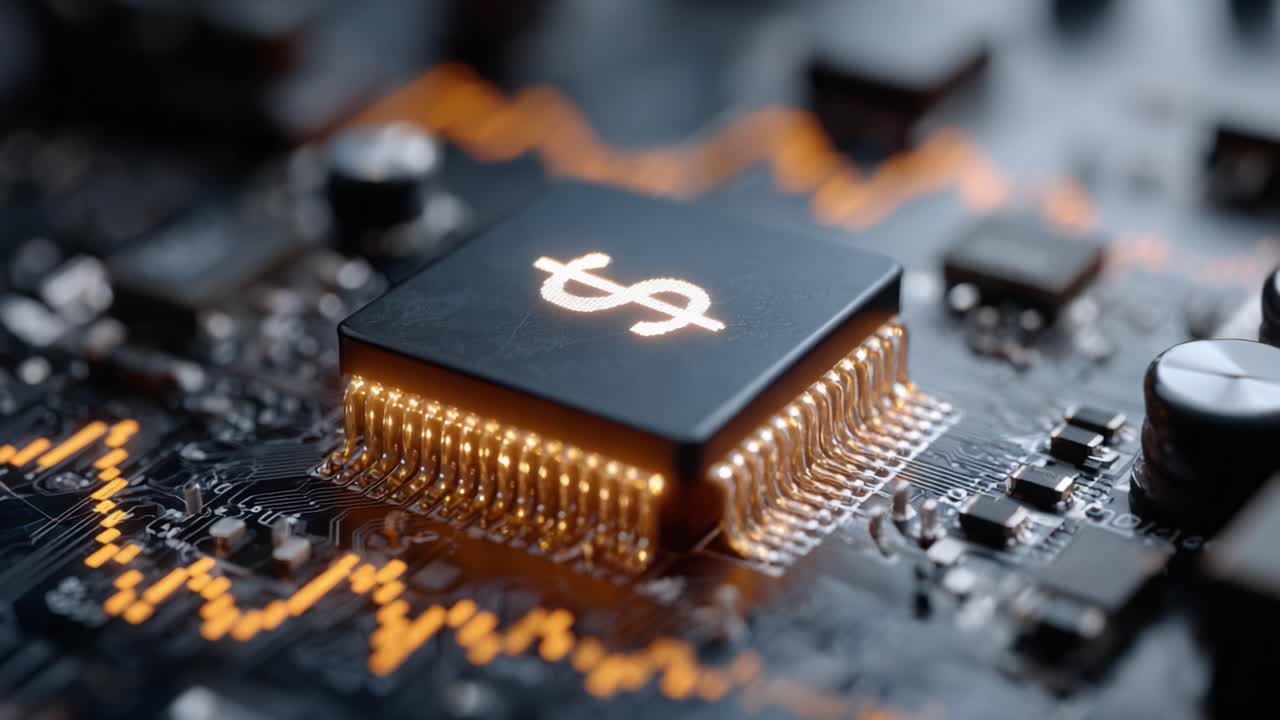 A Close-Up View of a High-Tech Microchip on a Circuit Board with Illuminated Currency Symbol Represents Modern Financial Technology and Digital Currency Innovations