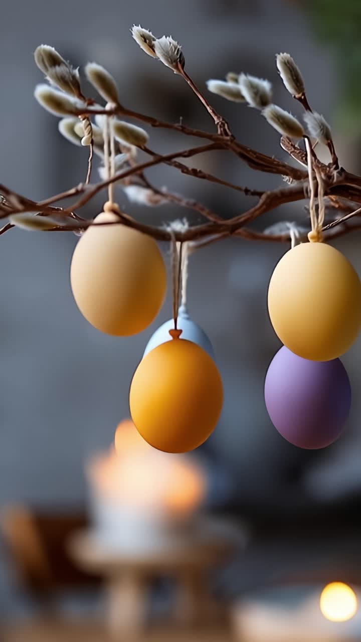 Colorful decorated eggs hanging from a branch depict a festive atmosphere, capturing the essence of spring celebrations and seasonal decorations in a cozy setting