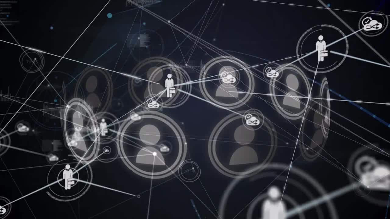 animación de la creciente red de personas de negocios y iconos de computación en la nube sobre fondo negro