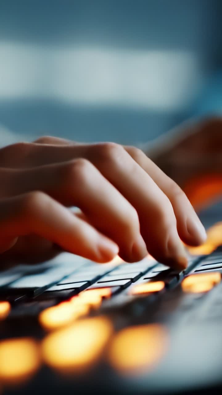 Focused hands typing on a backlit keyboard, creating a dynamic scene of engagement, technology interaction, and productivity in a modern digital workspace