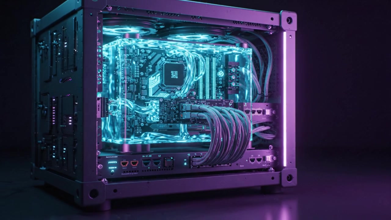 A dazzling display of modern technology showcasing an illuminated computer case interior featuring intricate wiring and a glowing motherboard setup.