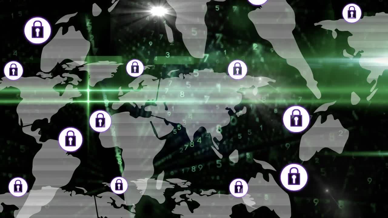 세계 지도 위에  ⁇ 락 보안 아이콘을 가진 연결 네트워크의 애니메이션