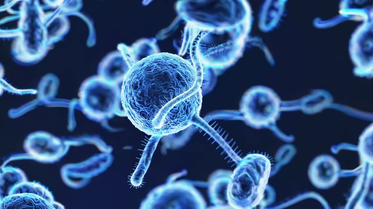 Close-up video still of microscopic organisms, showcasing intricate details and textures