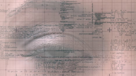 animation of data processing over eye of caucasian woman