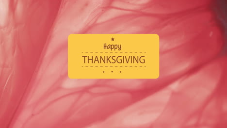 animation of happy thanksgiving text over pink leaf background