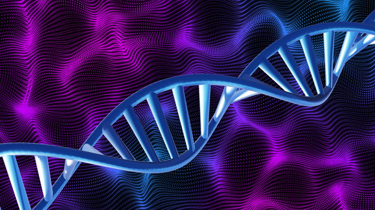 DNA strand over vibrant, wavy purple and blue animation background