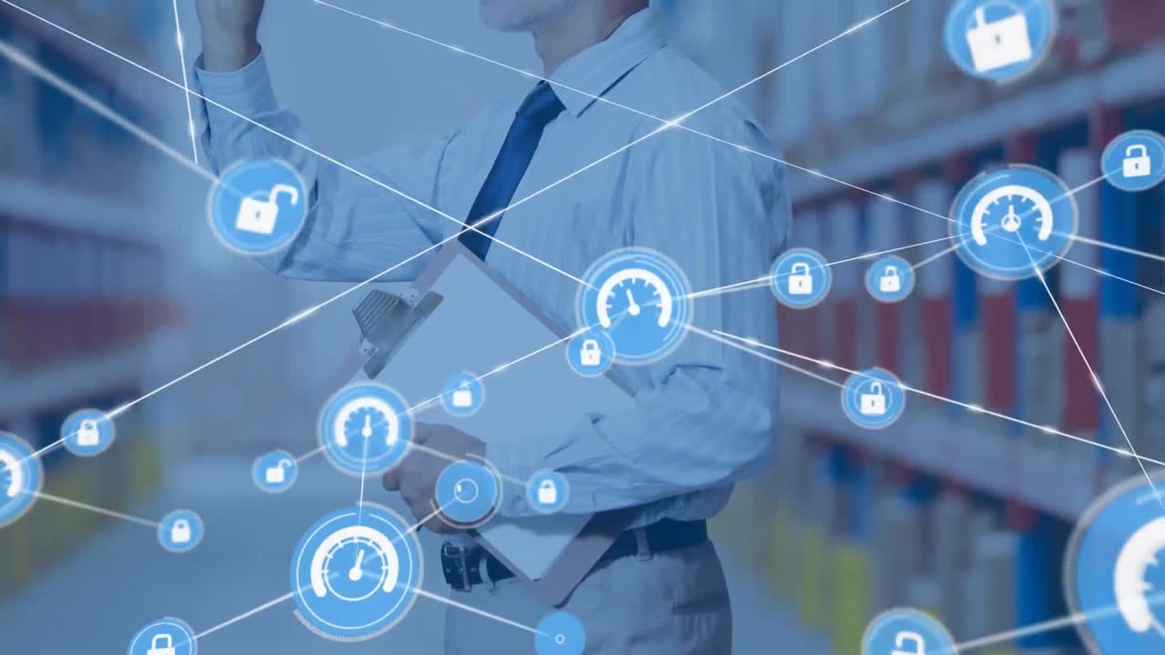 창고의 클립보드에 글을 쓰는 사람 위의 아이콘으로 연결 네트워크의 애니메이션