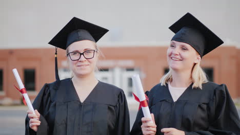 Zwei-Weibliche-College-Studenten-In-Kleidern-Und-Abschlusskappen-Vor-Einem-College-Gebäude