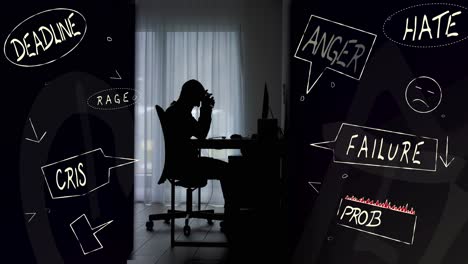 silhouette of frustrated man in anger at a computer - digital overlays - failure, deadline, rage, crisis, hate, anger, problem