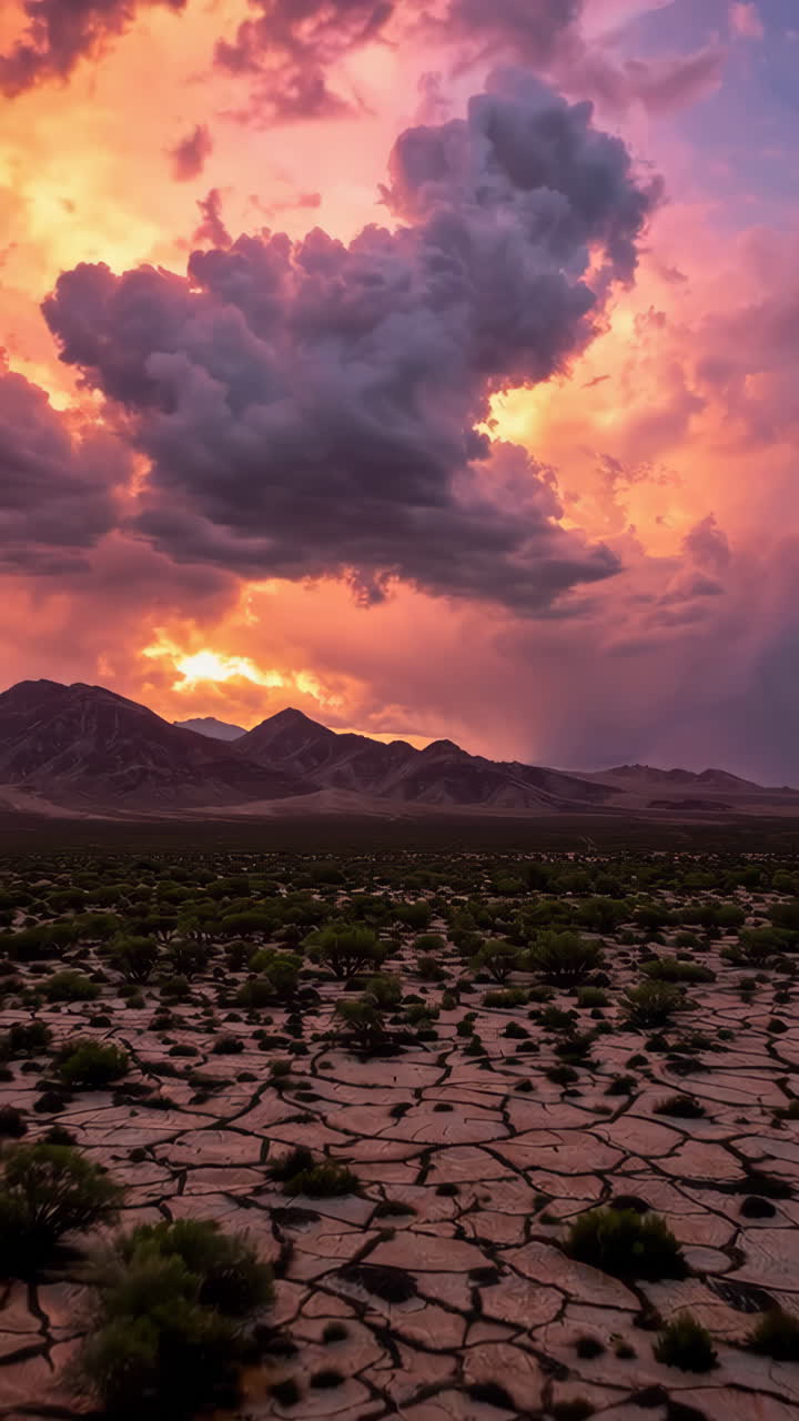Drammatico tramonto nel deserto con nuvole tempestose