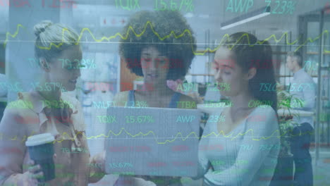 animation of financial data processing over diverse business people in office