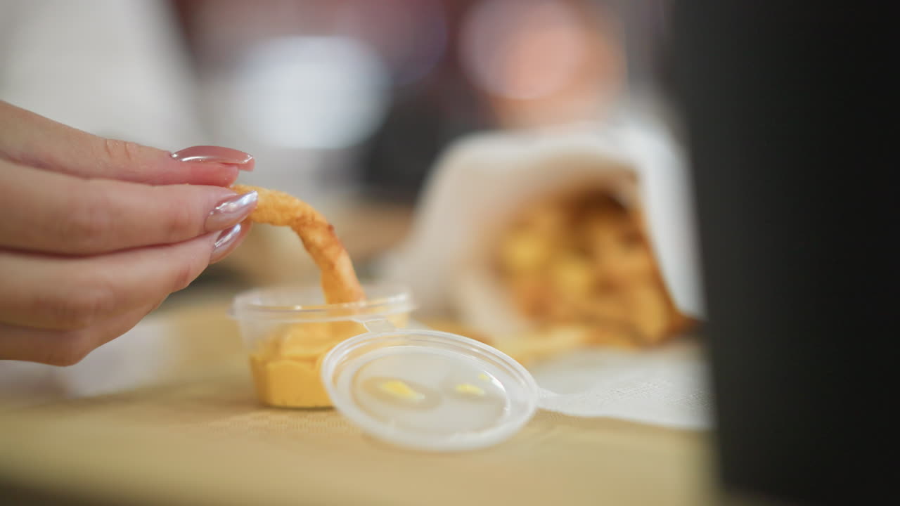 primer plano de la mano sumergiendo patatas fritas crujientes en una salsa de queso cremosa en un recipiente para llevar, con el fondo borroso creando una atmósfera cálida e indulgente en un entorno casual