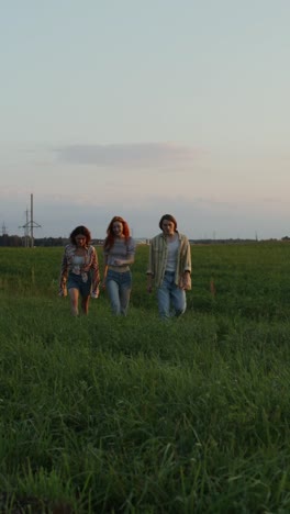 friends walking in a field at sunset