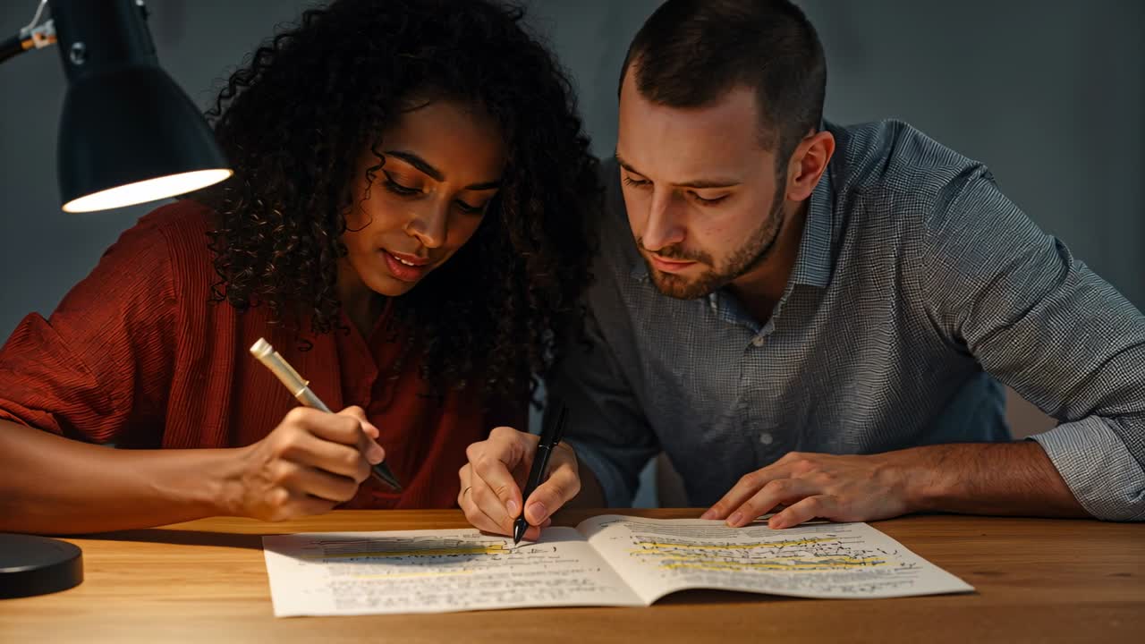 Prendendo l'evidenziatore, donna in bordeaux e uomo in grigio che tengono una penna, segnando un quaderno di esercizi alla scrivania per la revisione.