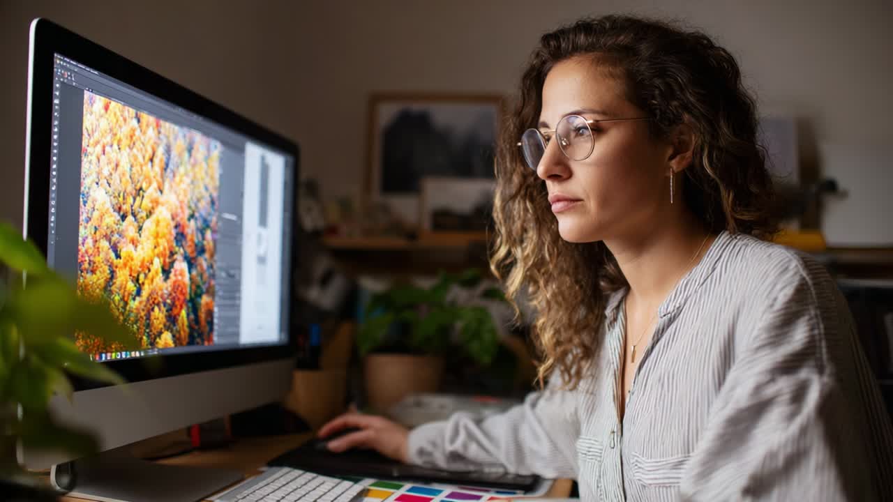Focused Creative Designer Working on Digital Art in a Cozy Workspace, Engaged in Graphic Design Project while Using a Computer and Color Palette for Inspiration and Color Selection