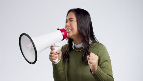 protest, megaphone and woman with justice