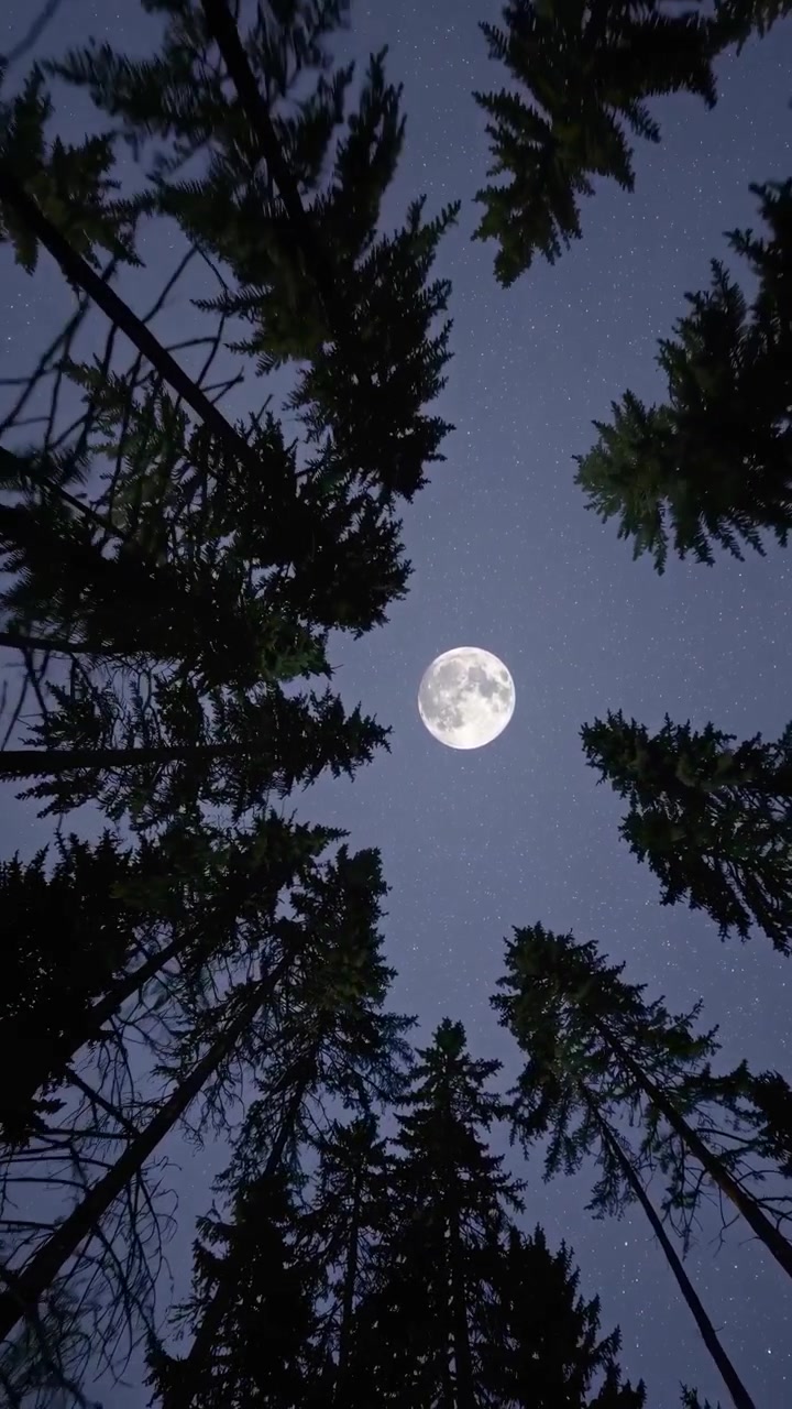 Luna piena che splende sopra una fitta foresta di pini di notte