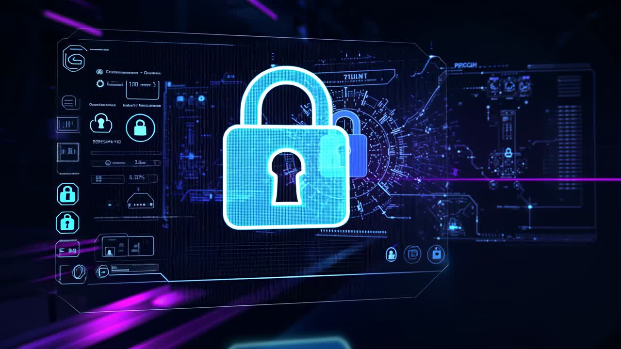 Starting layered padlock icons pulsing on holographic UI with security icons graphs scanning beams
