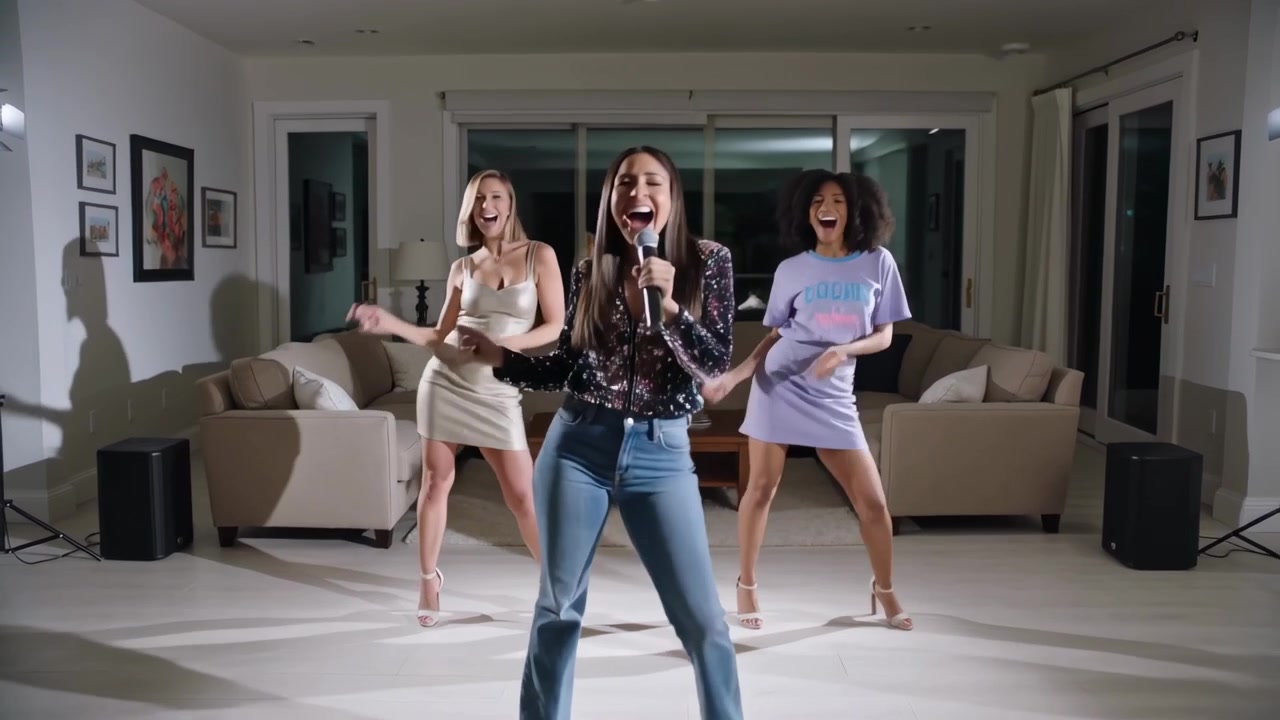 Music starting trio singing and dancing in living room, sequined lead holding handheld mic for show