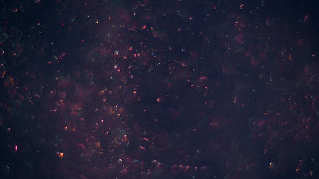 un caótico y suave remolino de burbujas de bokeh transparentes y brillantes como moléculas en el fondo oscuro del cosmos.