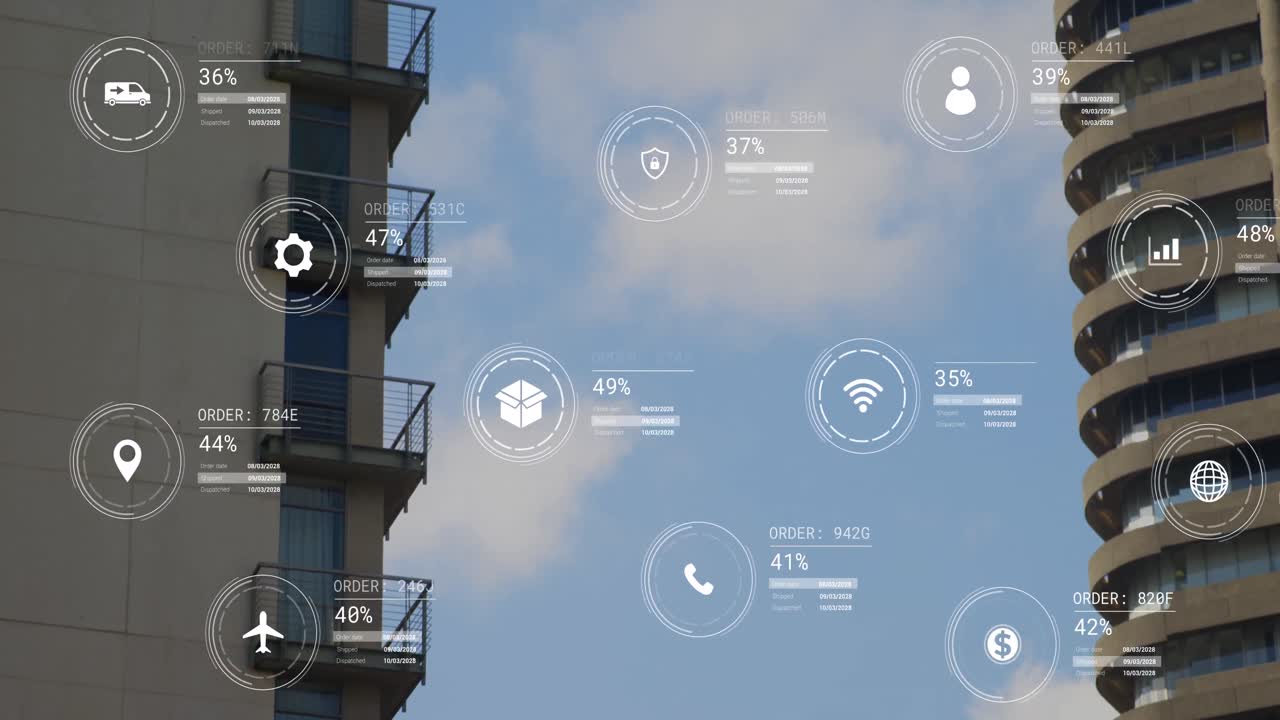 Animation of icons with data processing over office buildings