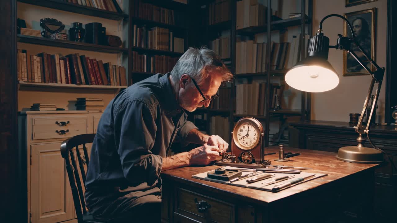 A vintage-style video scene shows a man repairing a clock at a wooden desk