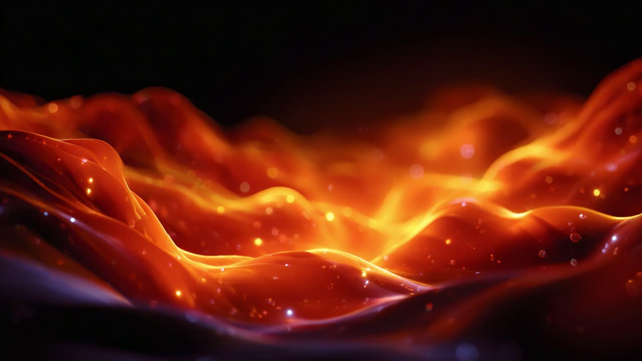 Spektakulære flydende bølger af glødende orange lys med funklende effekter, der repræsenterer energi og bevægelse i abstrakt design