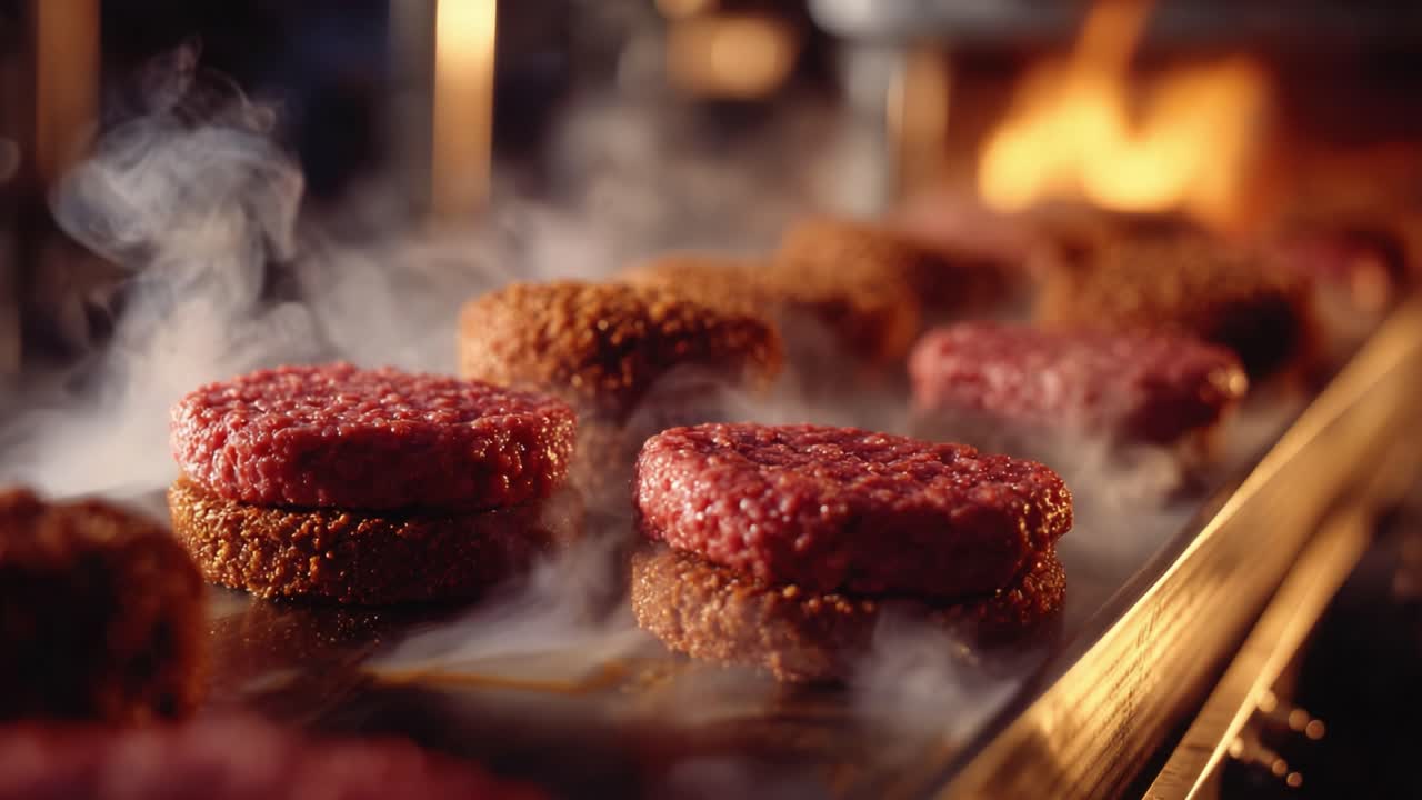 Succulenti hamburger appena preparati su una piastra, che catturano la consistenza succosa e l'aroma affumicato con un bordo perfettamente cotto, ideali per un'esperienza da hamburger gourmet