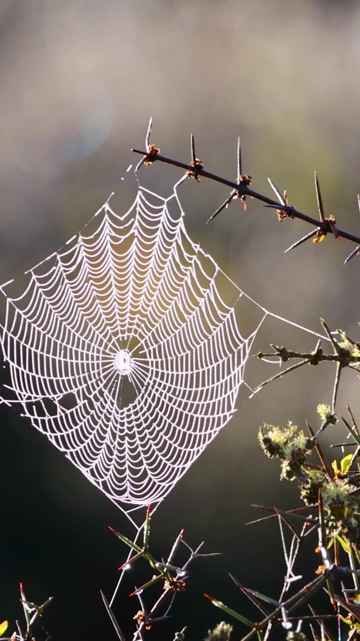 Et sart spindelvæv fanger morgenlyset, mens det hænger fra tornede grønne grene i naturen.