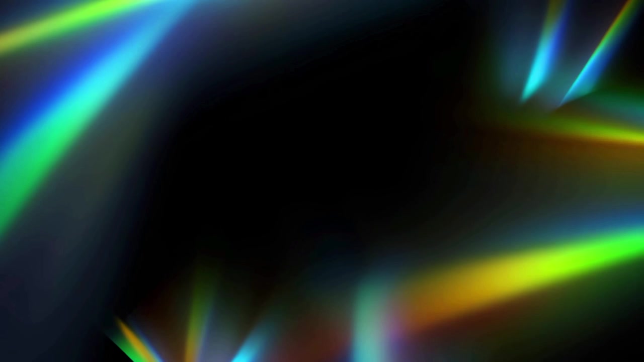 Fughe di luce astratte e bagliori arcobaleno a prisma su sfondo nero