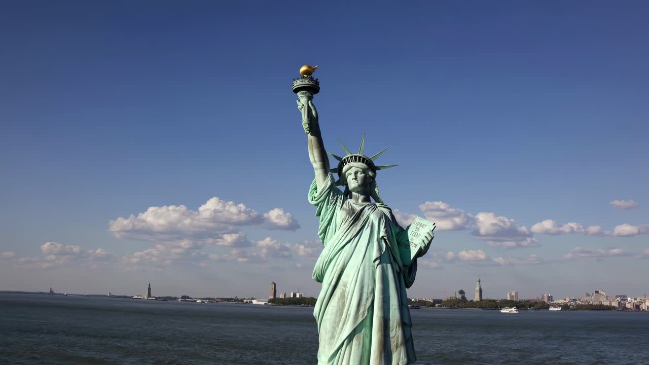 Aerial video of the Statue of Liberty against a clear blue sky, capturing the iconic monument