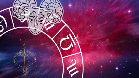 Animation of aries over rotating zodiac wheel over cosmos