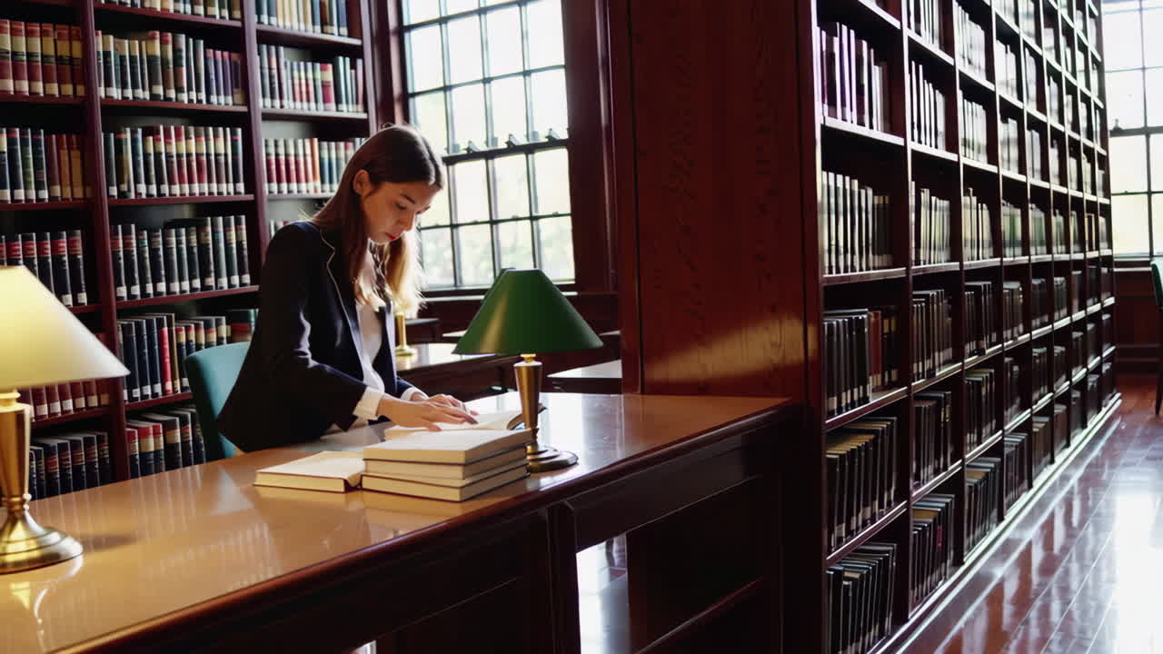 mujer estudiando en una biblioteca