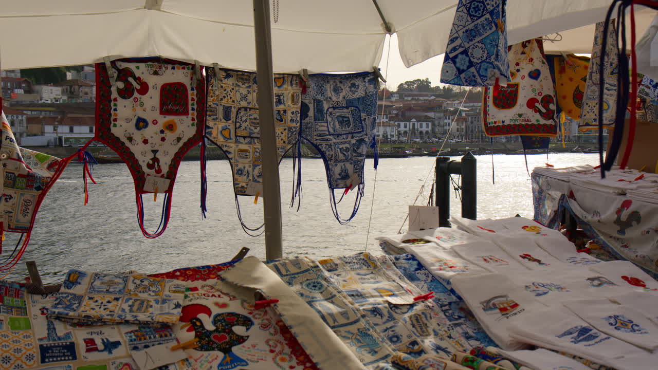 Street Market Stalls In Vila Nova de Gaia With The Douro River And City Of Porto, Portugal. Close-up Shot