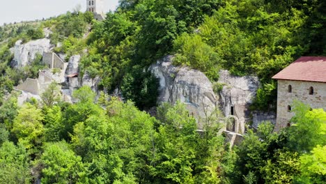 view of ancient rocky monastery. aerial view of orthodox rock monastery