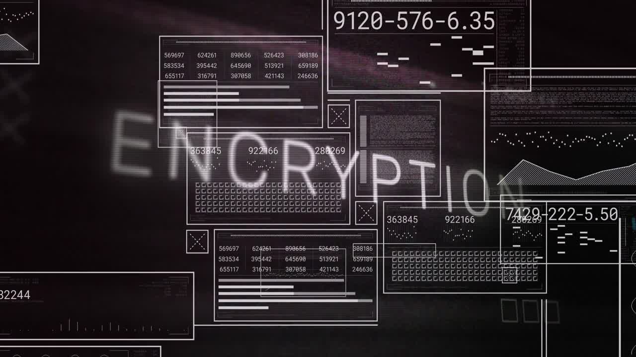 Animation of encryption text over graphs, loading bars, circles and binary codes on black background