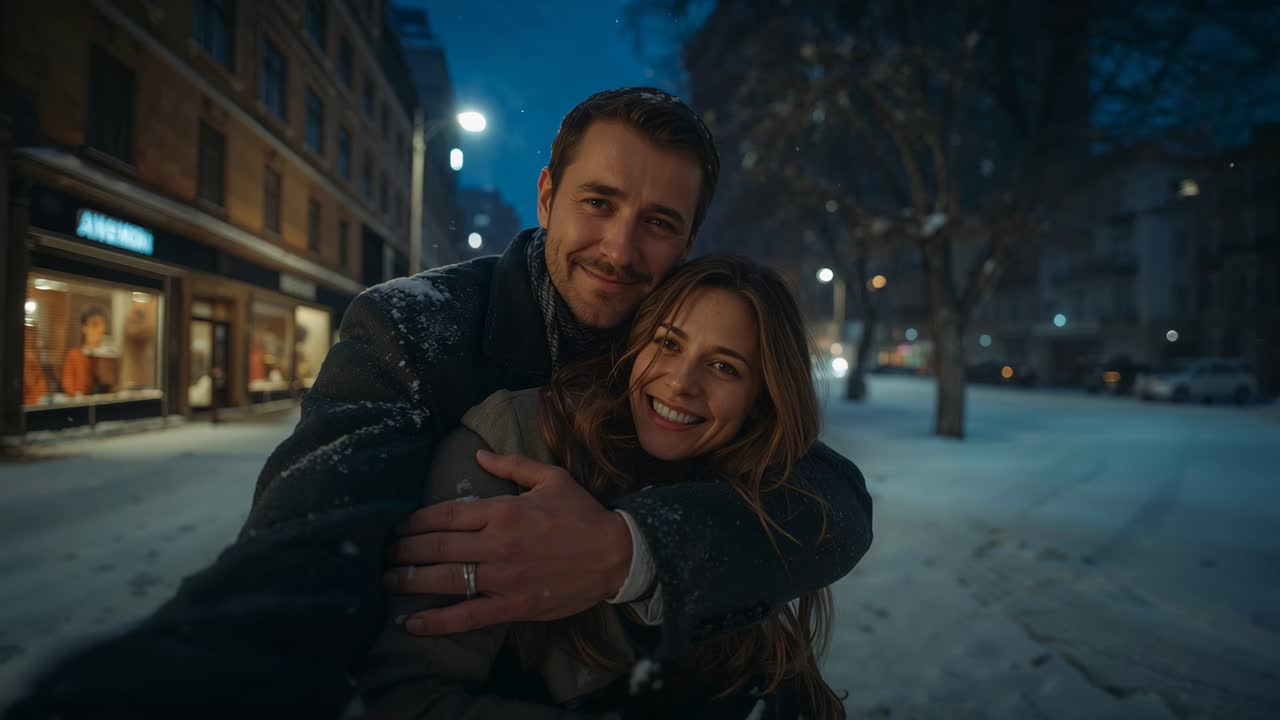 Homme levant son téléphone, embrassant une femme portant des manteaux, souriant pour un selfie dans une rue enneigée, une bague est visible.