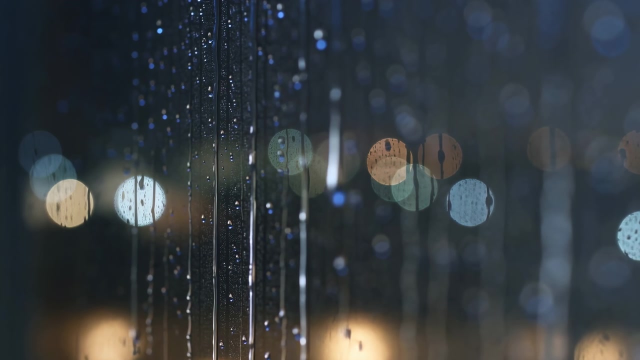 質感のある表面を伝う水滴、細い流れ、滑り落ちるしずくで雨粒が散りばめられたガラスの接写。遠くの街の光が、青、ティール、琥珀色、深い紺色のトーンで柔らかなボケの光球を作り出している。
