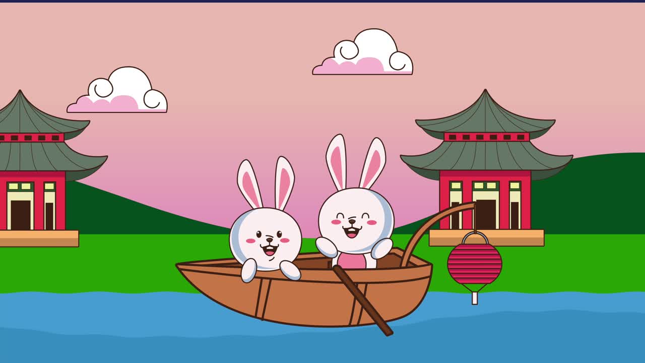 mid autumn festival animation with rabbits couple in boat and building