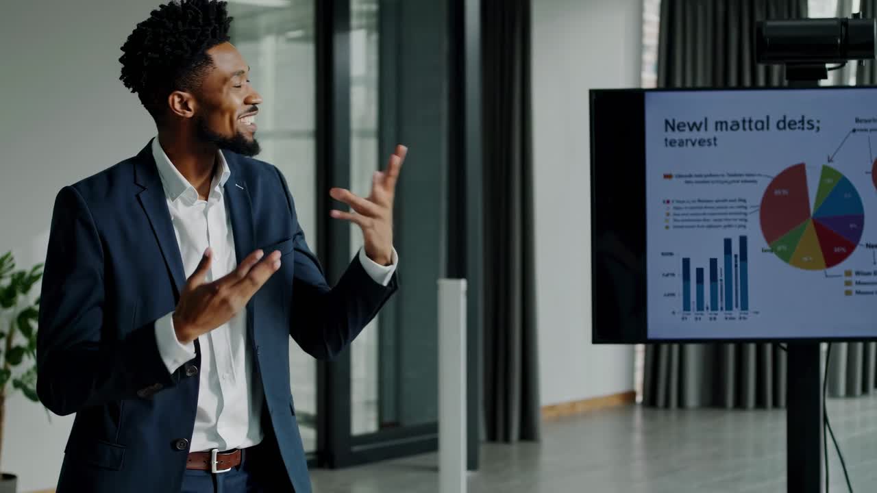 Side angle video of a professional man in a suit presenting data on a screen, conveying a modern