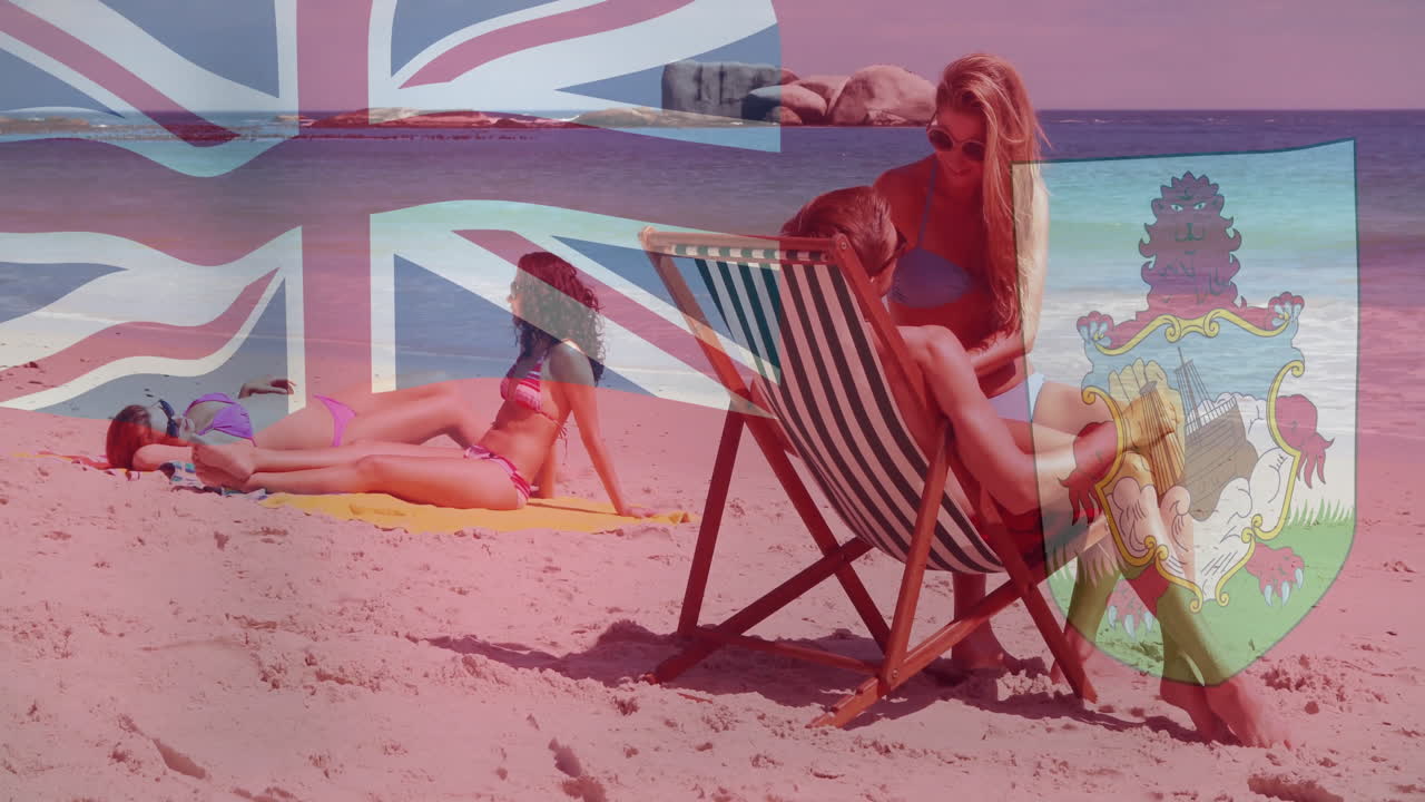 Relaxing on beach, people with British flag and Bermuda coat of arms animation