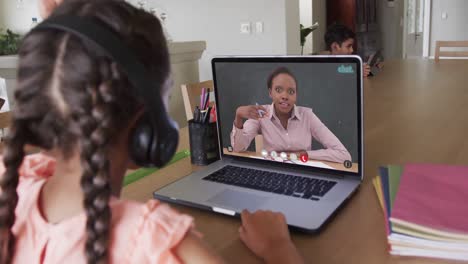 Composition-of-biracial-schoolgirl-on-laptop-online-learning-with-biracial-female-teacher